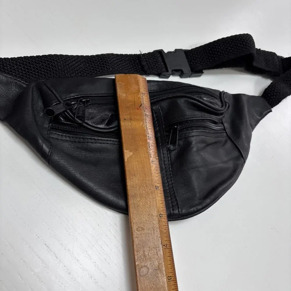 Vintage Leather Black Fanny Pack Waist Belt Bag Unisex Zipper 80s 90s